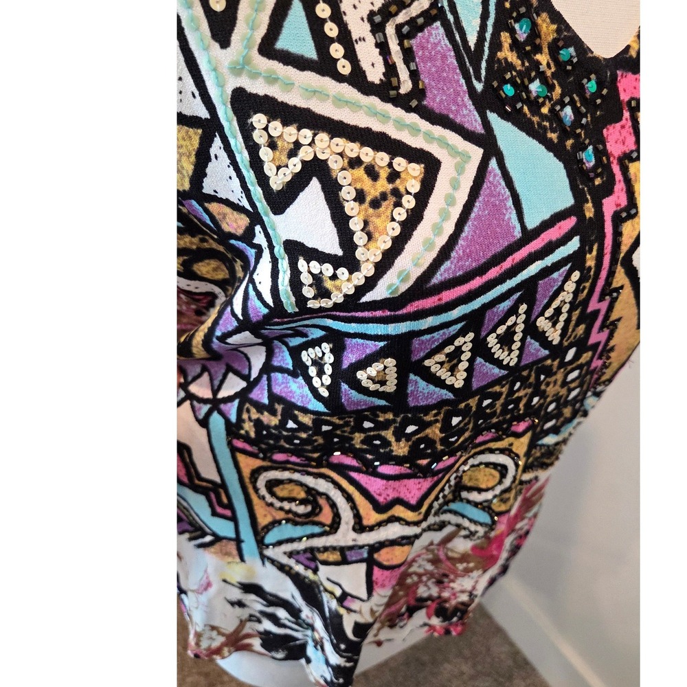 Alberto Makali XL Womens V-Neck 3/4 Sleeve Sequin Geometric Floral Maximalist - Picture 6 of 9
